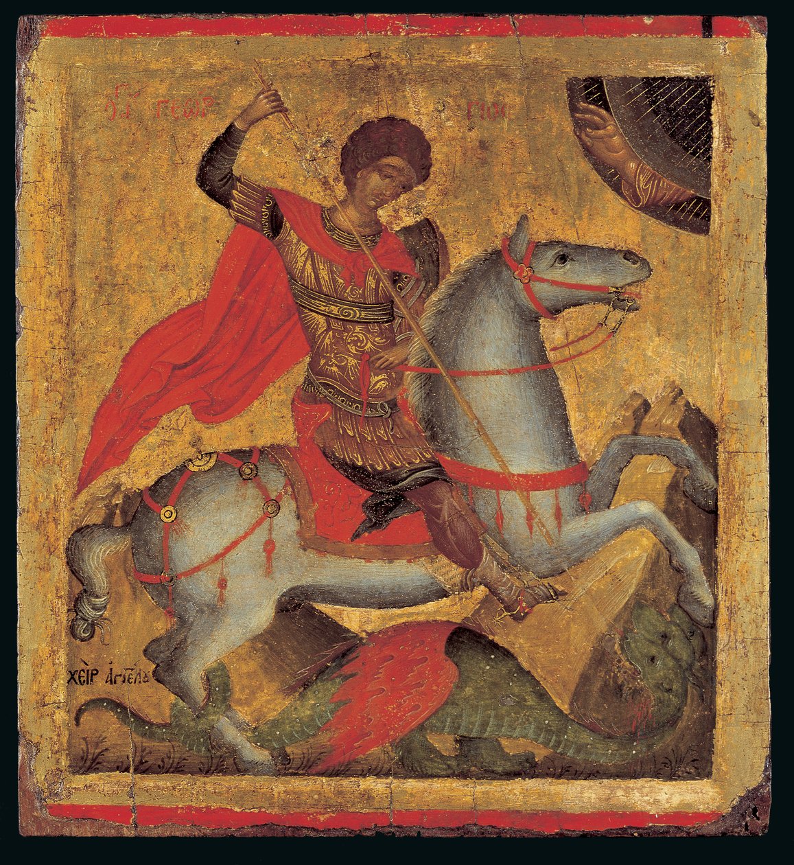 Ikon for St. George til hest, Slaying the Dragon (eggtempera på tre) av Chanter Angelos Akotandos