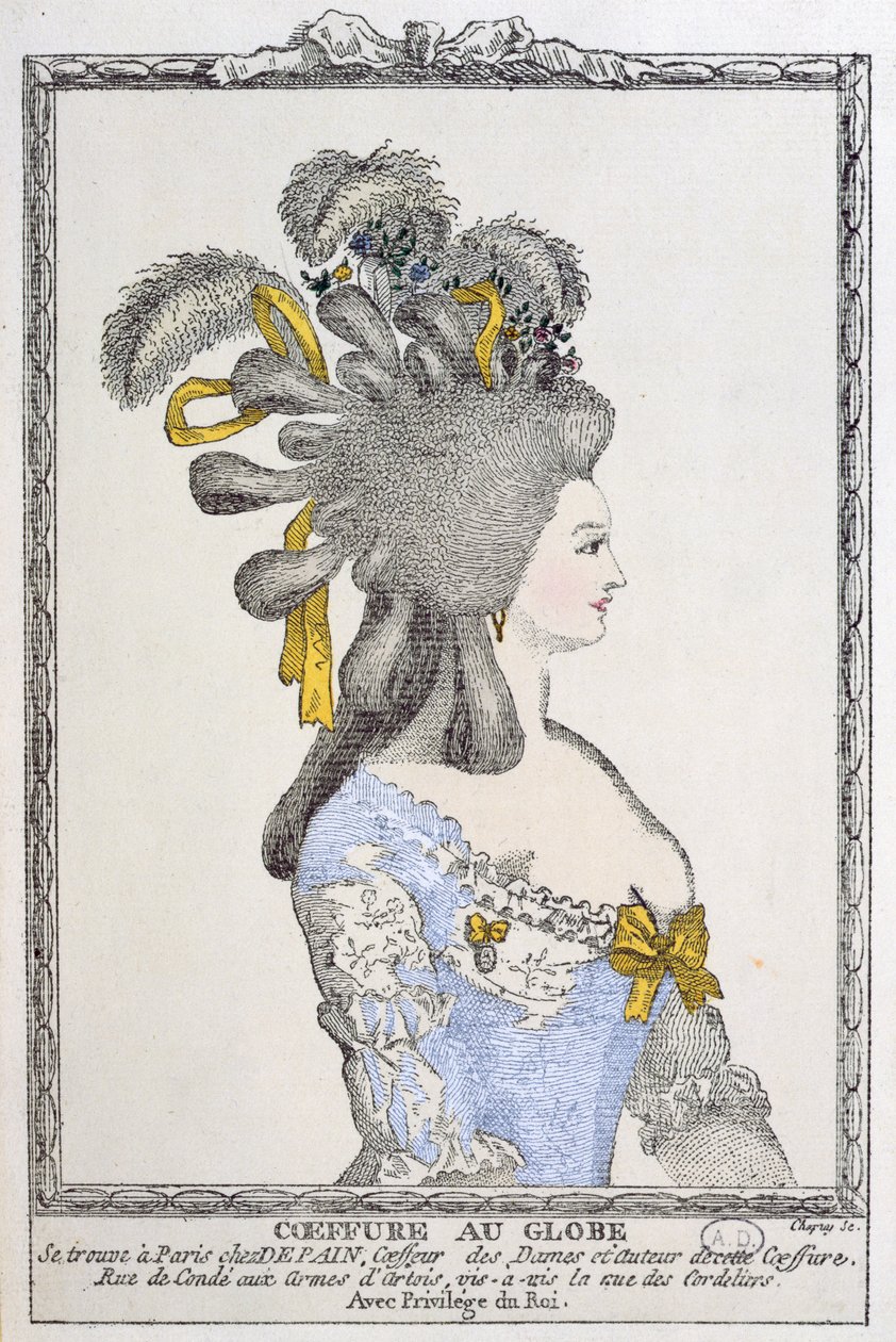 Coiffure au Globe, ca. 1780 (fargegravering) av Chapuy