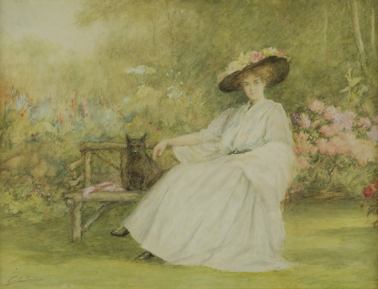 Lady and her Dog at Corsham Court, ca. 1914 (blyant, wc og gouache på papir) av Charles A. Sellar