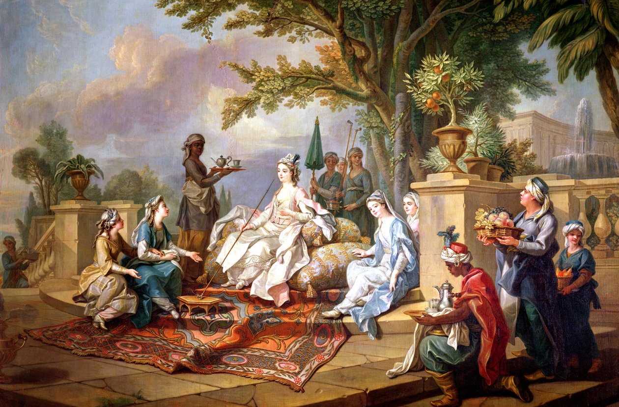 Sultanaen servert av hennes evnukker av Charles Amedee Philippe van Loo