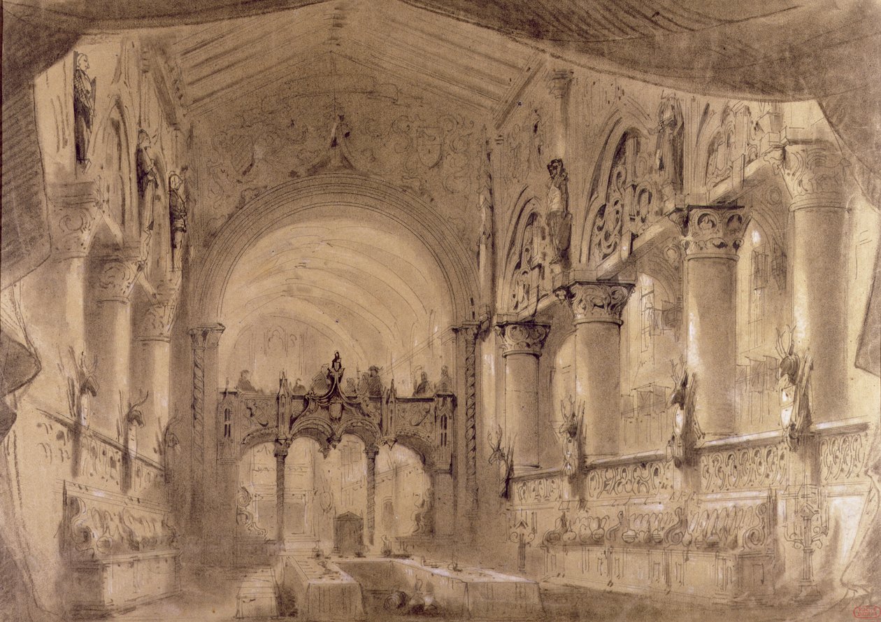 Scenografi for akt II av en forestilling av operaen 'Macbeth' av Giuseppe Verdi (1813-1901) på Theatre Lyrique, Chatelet, 1865 av Charles Antoine Cambon