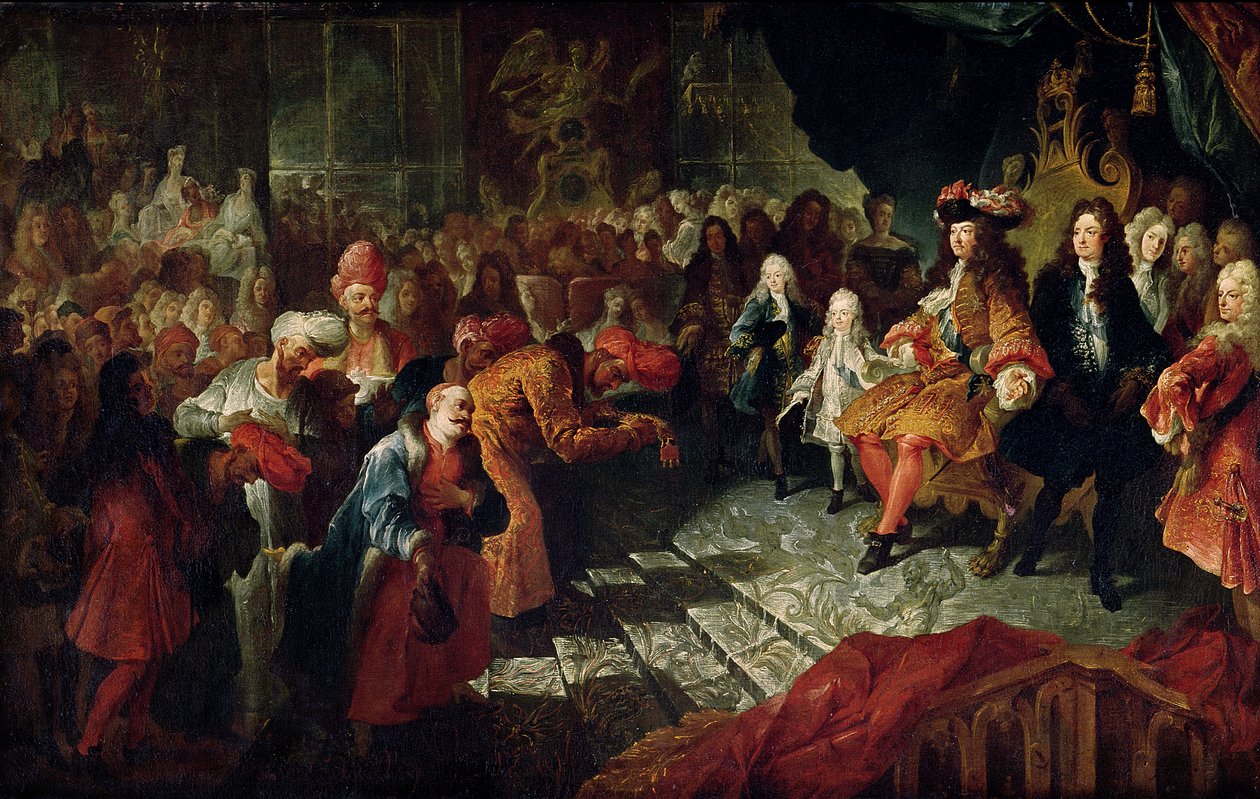 Louis XIV (1638-1715) mottok den persiske ambassadøren Mohammed Reza Beg i Galerie des Glaces i Versailles, 19. februar 1715 av Charles Antoine Coypel