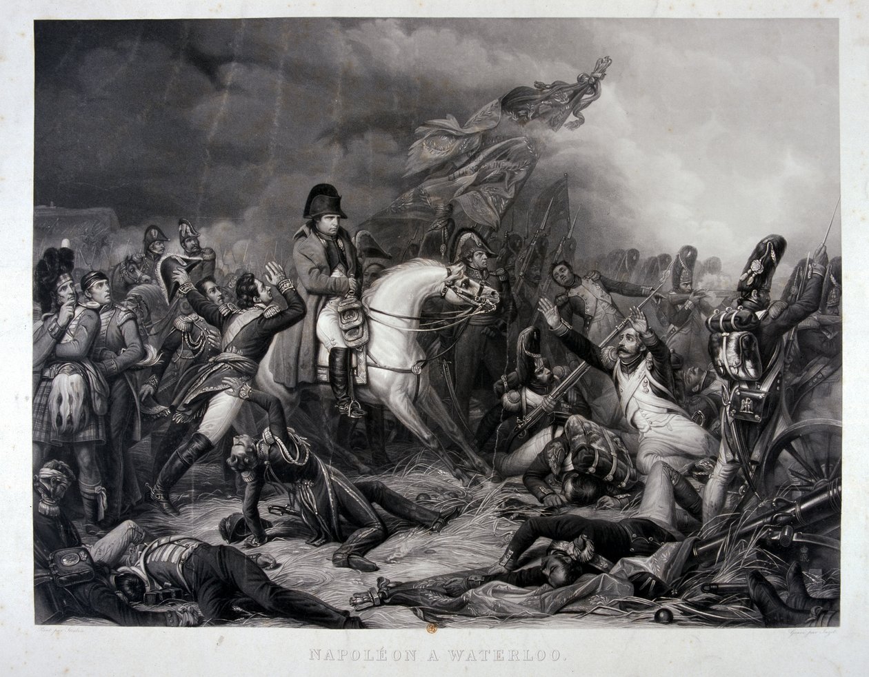 Napoleon ved Waterloo, gravering av Jean Pierre Marie Jazet (1788-1871), ca. 1870 (mezzotint) av Carl von Steuben