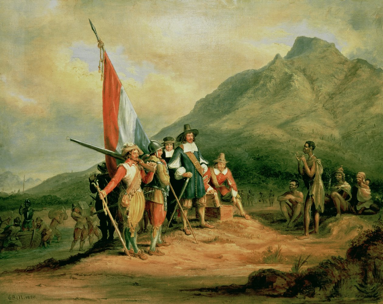 The Landing of Jan van Riebeeck (1619-77) 6. april 1652, 1850 av Charles Bell