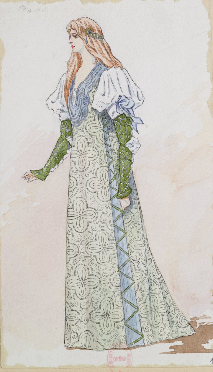 Desdemona kostymedesign for den første fremførelsen av Otello av Giuseppe Verdi (1831-1901) i 1894 ved Paris Opera, 1894 (penn, blyant og wc på papir) av Charles Bianchini