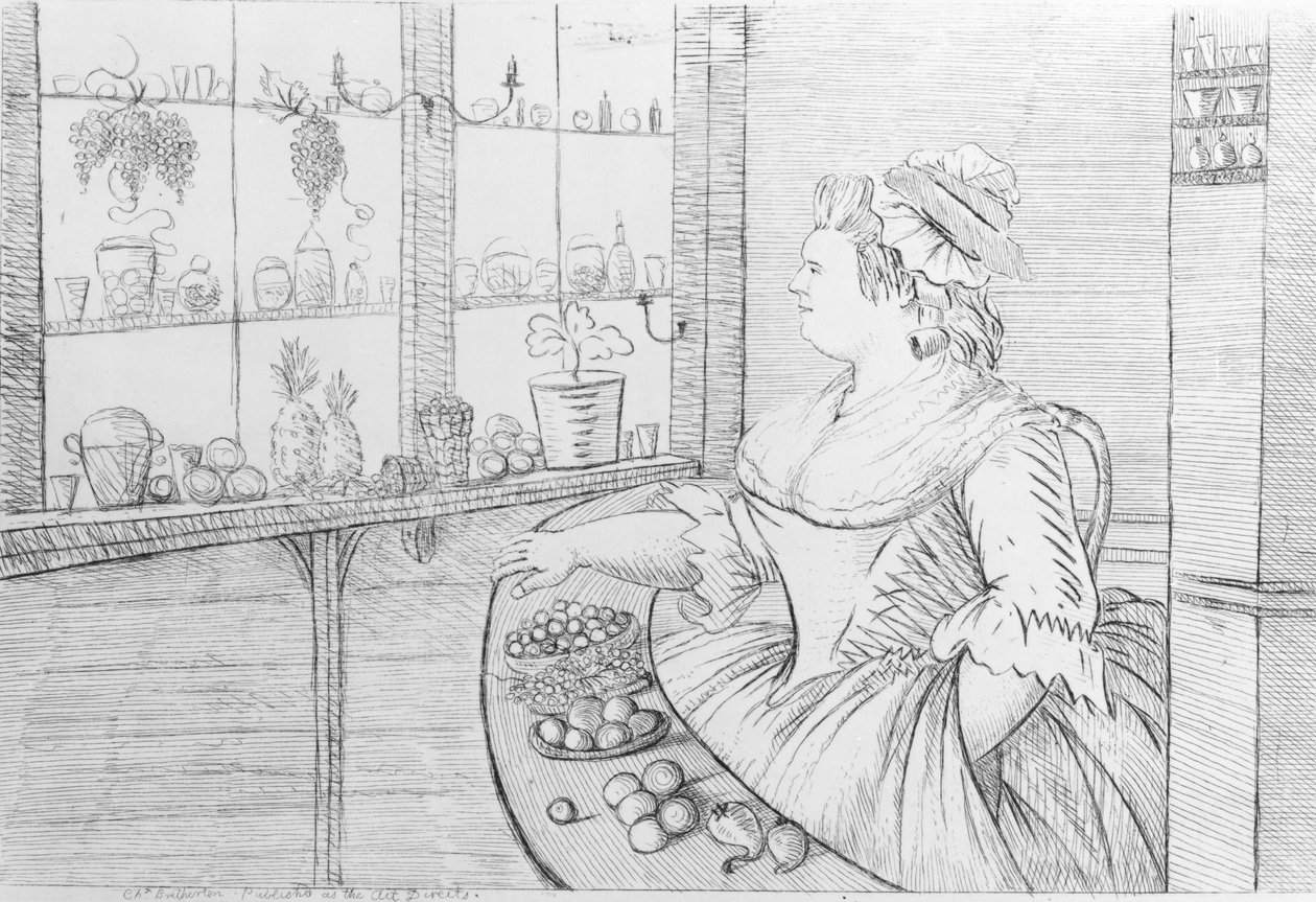 Fru Weltje i butikken hennes i Pall Mall, 1783 av Charles Bretherton
