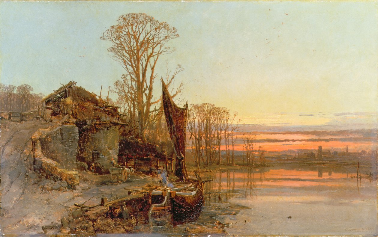 Landskap med en ødelagt hytte ved solnedgang, 1898 av Charles Branwhite