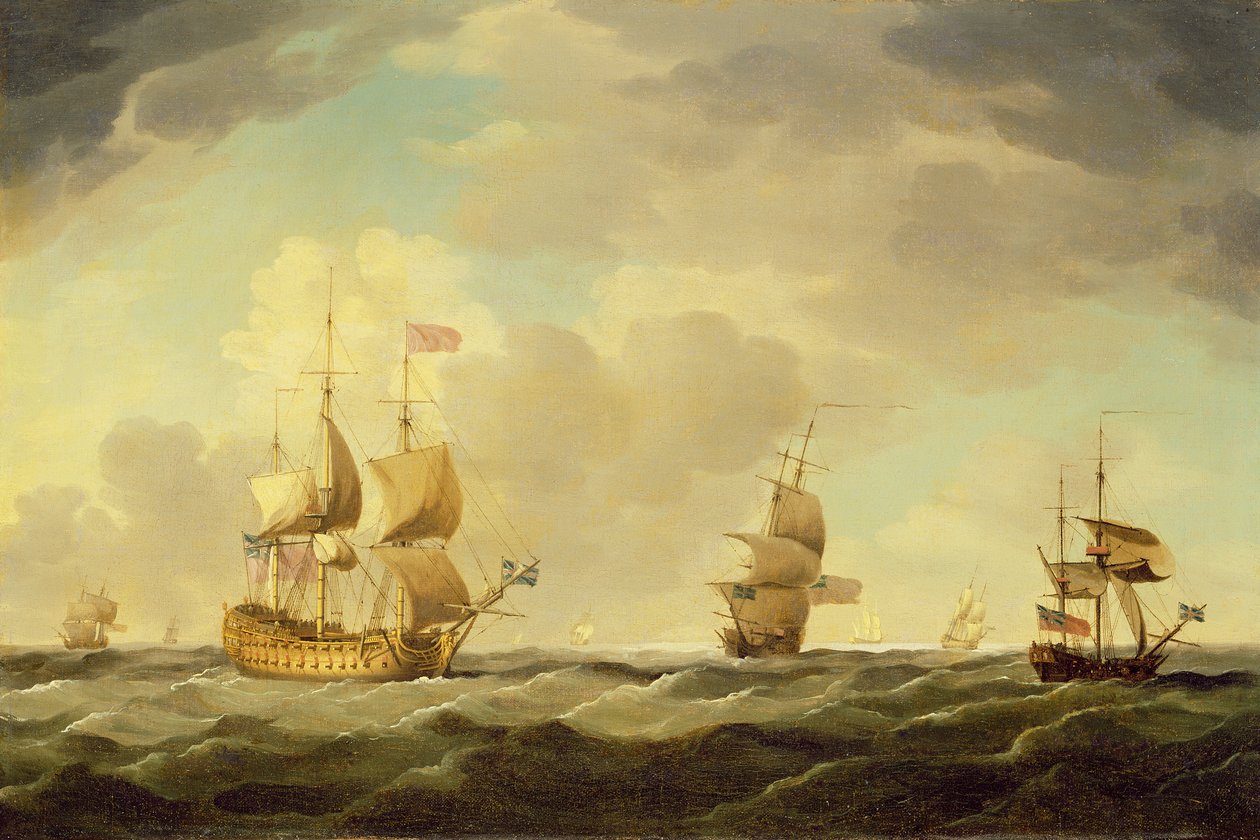 Et engelsk flaggskip under lett seil i moderat bris, ca. 1750 av Charles Brooking