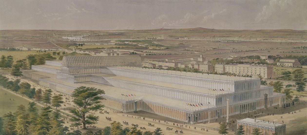 Aeronautisk utsikt over Palace of Industry for all Nations, fra Kensington Gardens, gravert av kunstneren, pub. 1851 av Charles Burton