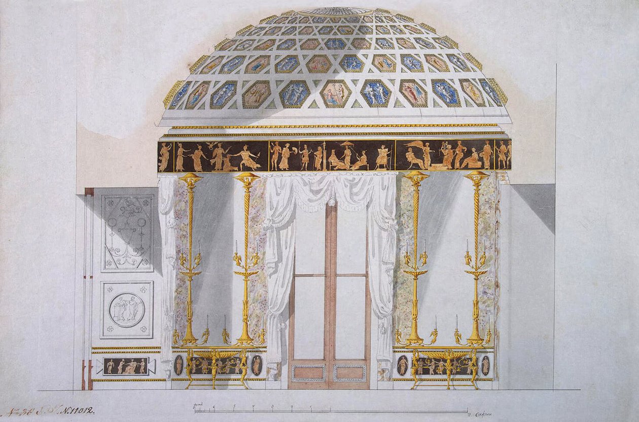 Design for Jaspis-kabinettet i Agate-paviljongen i Tsarskoye Selo, ca. 1780 (penn og blekk med wc på papir) av Charles Cameron