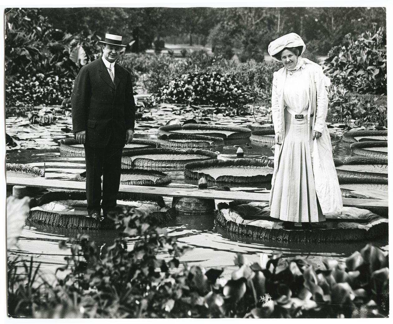 Tower Grove Park Lily Pond. Mann og kvinne som står på Lily Pads. av Charles Clement Holt