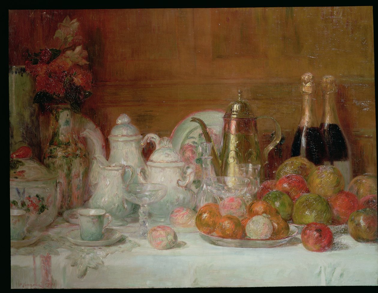 Stilleben med frukt og champagneflasker av Charles Couche