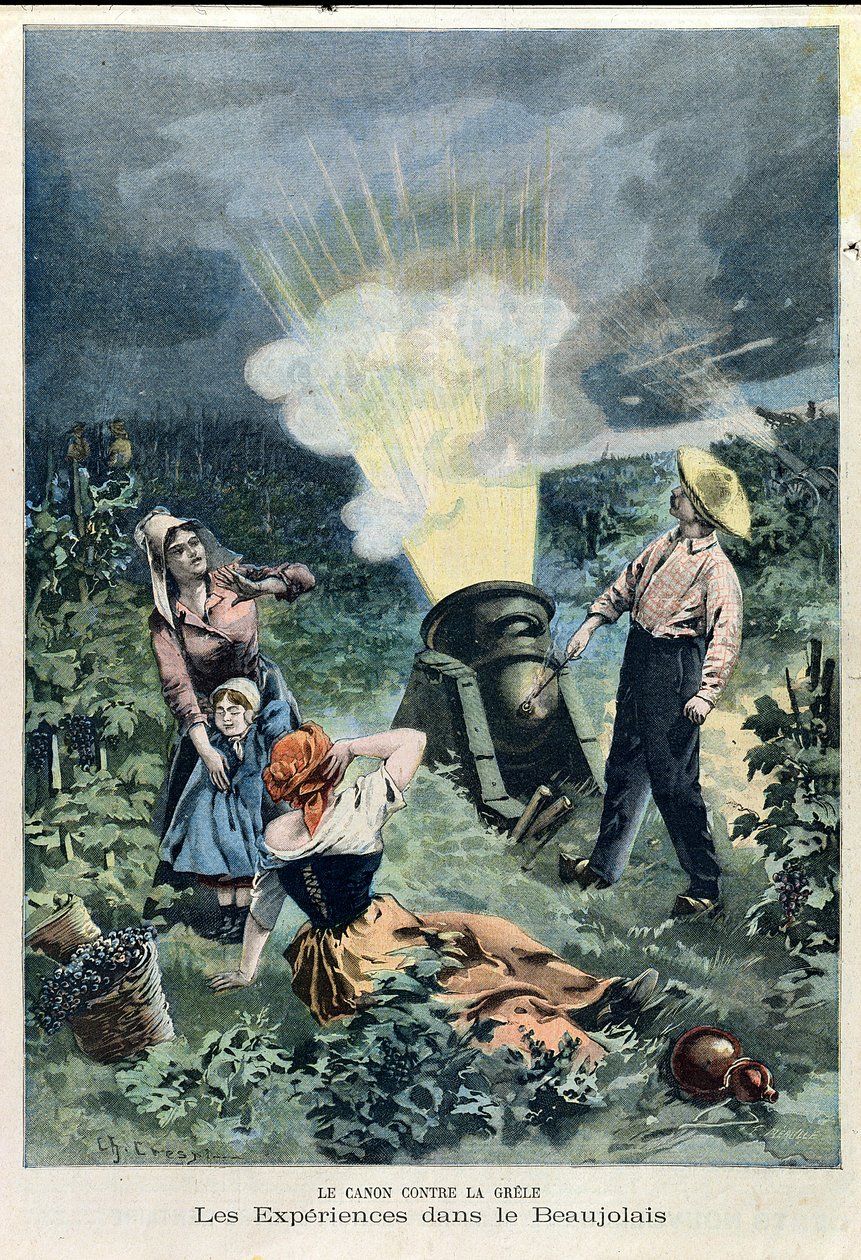 Eksperimenterer med en kanon for å forhindre haglskadelige vinstokker, fra Le Petit Journal, 23. februar 1900 av Charles Crespin