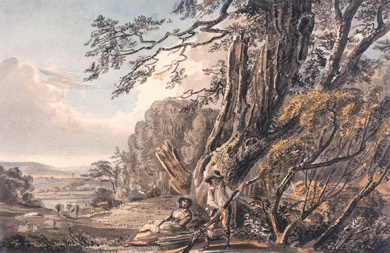 Landskap med figurer (blekk, blyant og wc på papir) av Charles D. Waller