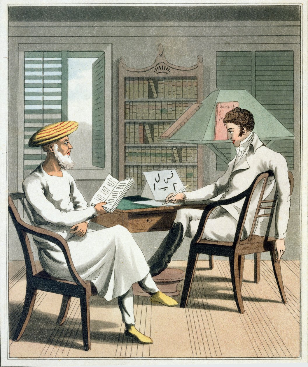En europeisk gentleman med sin Moonshee, eller innfødt professor i språk, plate 1 fra 