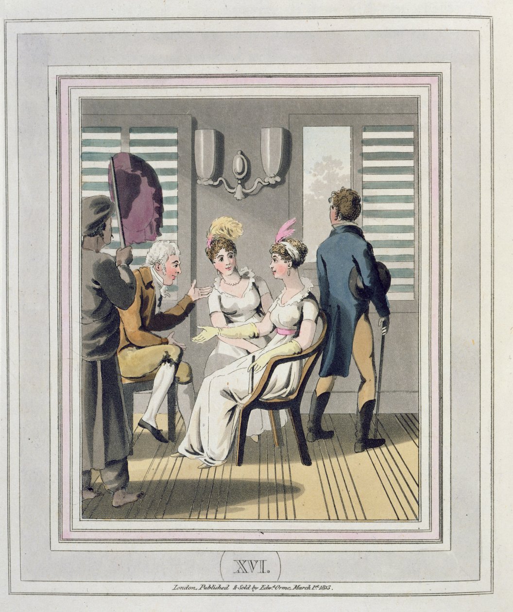 En europeisk dame, til stede av en tjener, ved hjelp av en hånd-punkah eller vifte, plate 16 fra 