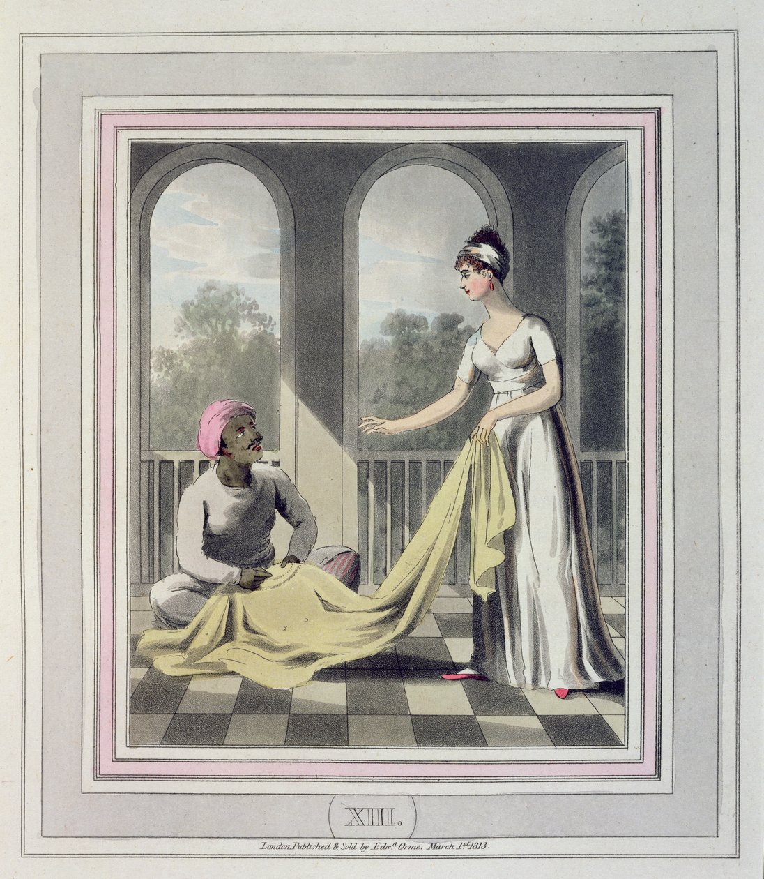 En europeisk dame som gir instruksjoner til sin Durzee, eller innfødte skredder, plate 13 fra 