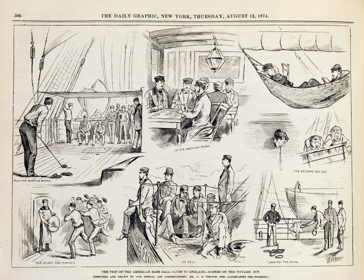 The Trip of the American Baseball Clubs to England (The Voyage Out) publisert i The New York Daily Graphic, 1874 av Charles Weld