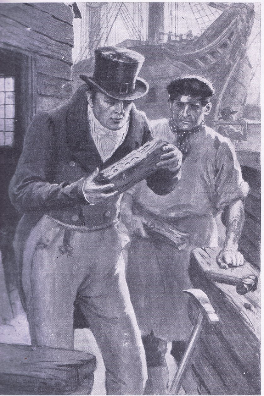 Brunel ser et stykke skips tømmer gravd inn av en teredo, noe som inspirerer ideen hans om å grave under Themsen ( litho ) av Charles Edmund Brock
