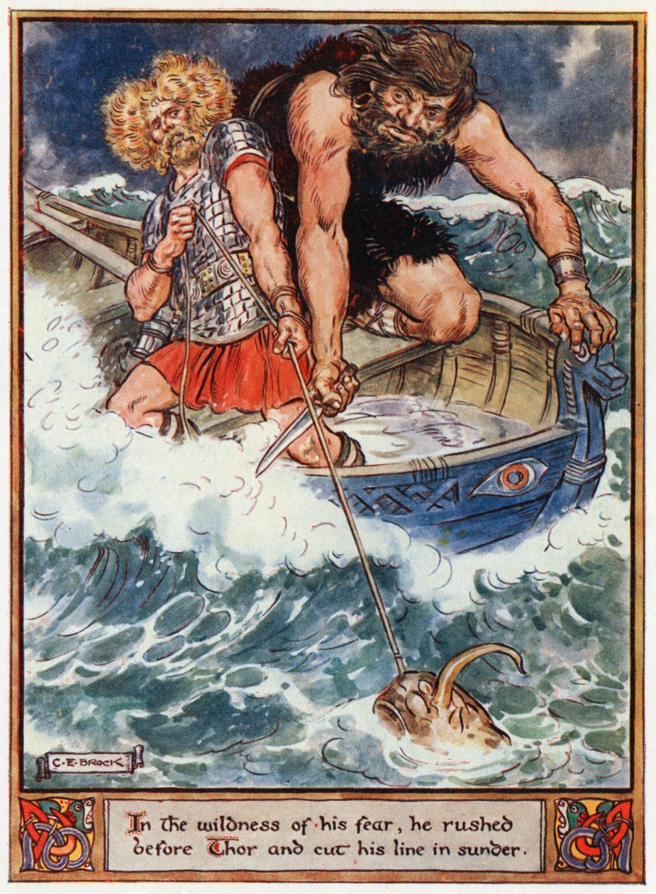 «I fryktens villskap skyndte han seg foran Thor og kuttet linjen hans», illustrasjon fra «The Heroes of Asgard, tales from Scandinavian Mythology», av A und E Keary, 1930 av Charles Edmund Brock