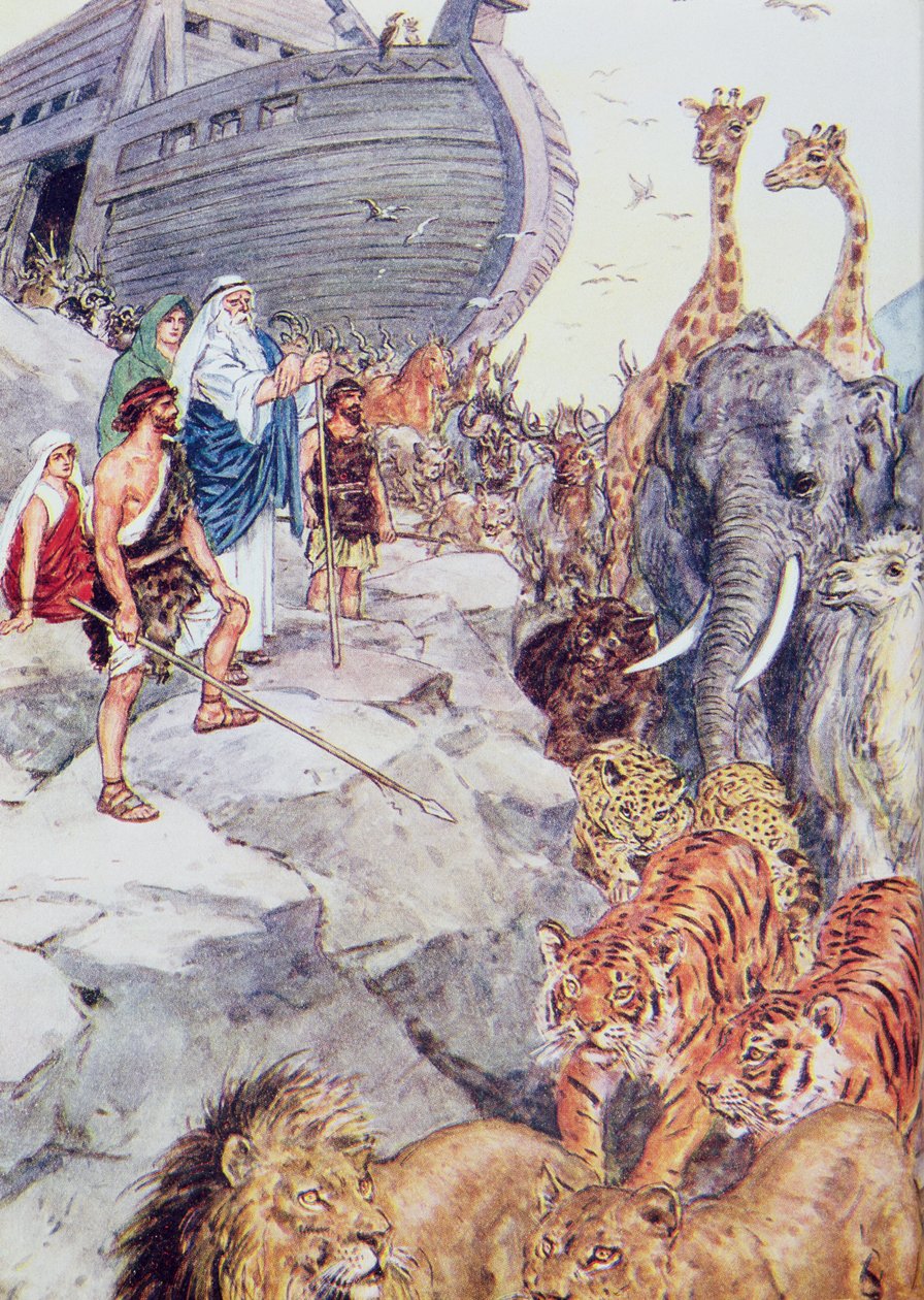 'Jehova ba Noah komme ned fra arken', illustrasjon fra 'Gjennom Bibelen', Virtue Publishing, 1928 av Charles Edmund Brock