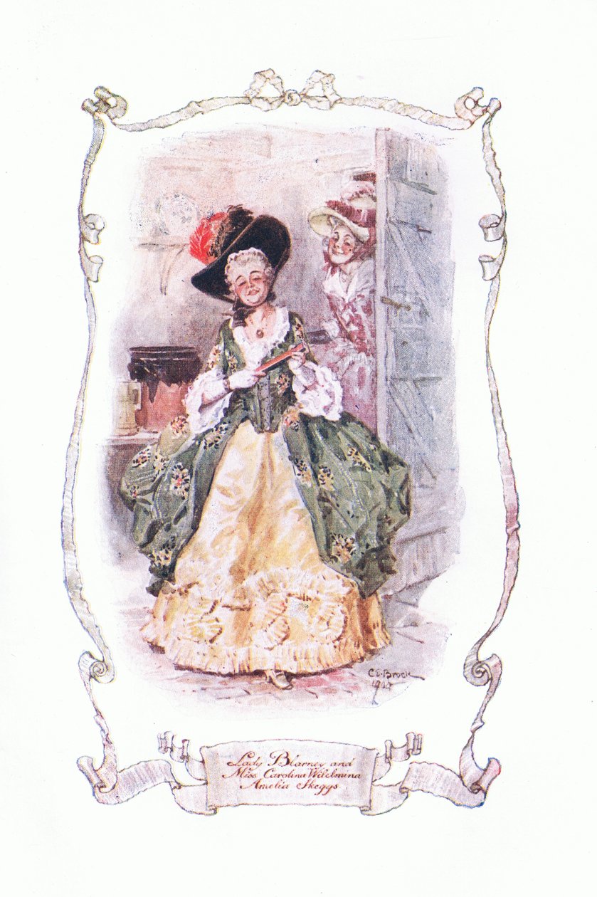 Lady Blarney og frøken Carolina Wilhelmina og Amelia Skeggs, fra The Vicar of Wakefield utgitt av J M Dent & Son Ltd, 1920-tallet av Charles Edmund Brock