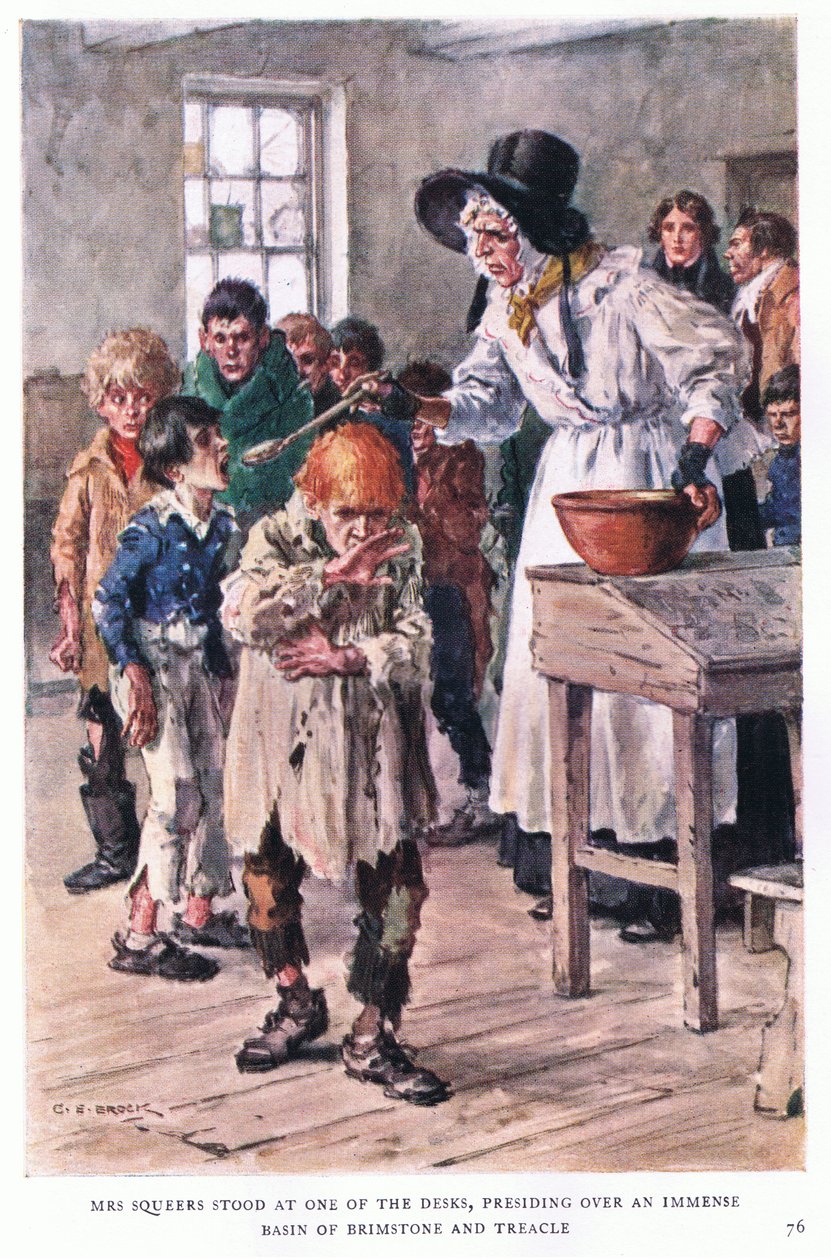 Mrs Squeers sto i den ene enden av pultene og presiderte over et enormt basseng med svovel og sirup av Charles Edmund Brock