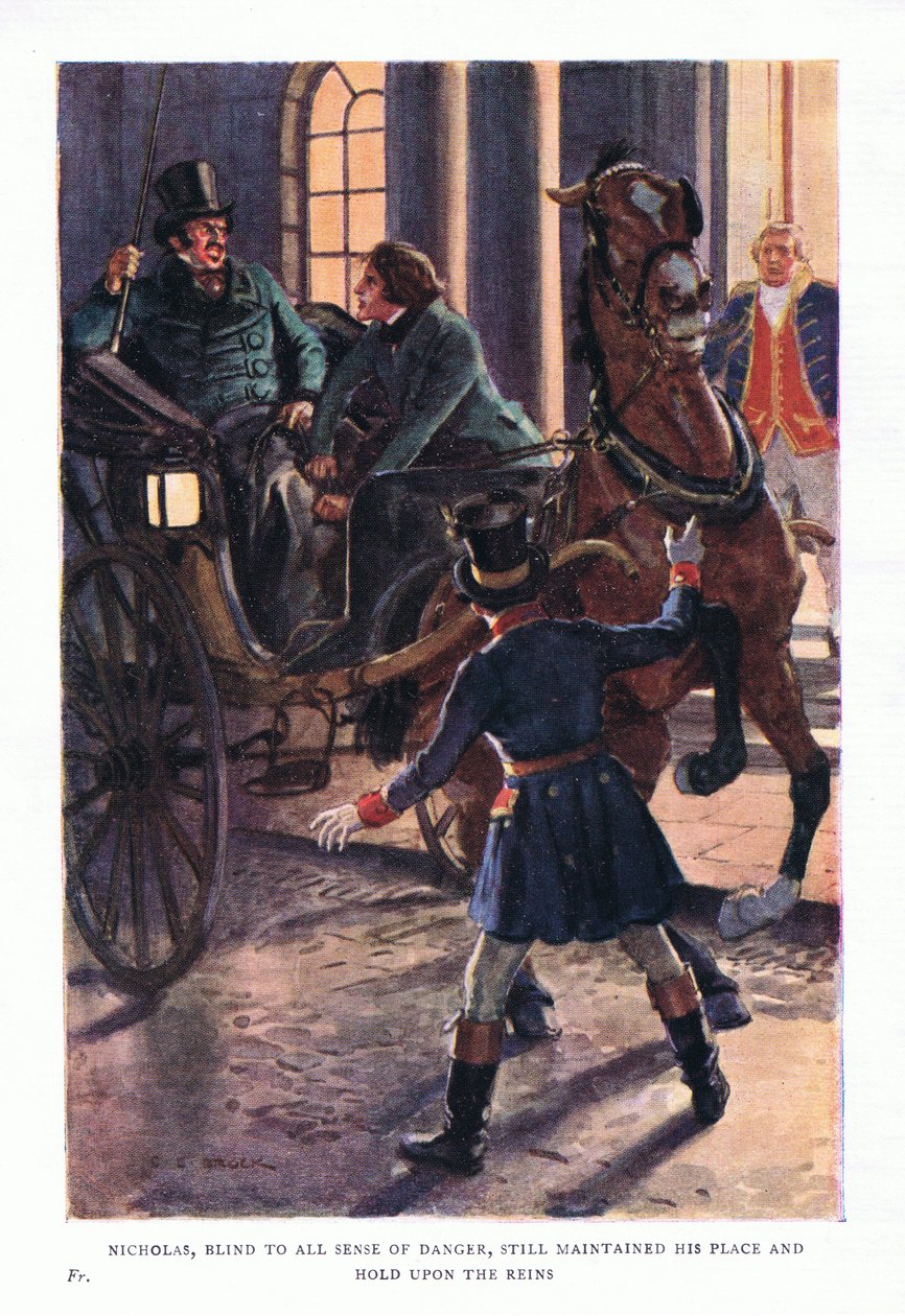 Nicholas, blind for all følelse av fare, beholdt fortsatt sin plass og holdt i tøylene av Charles Edmund Brock