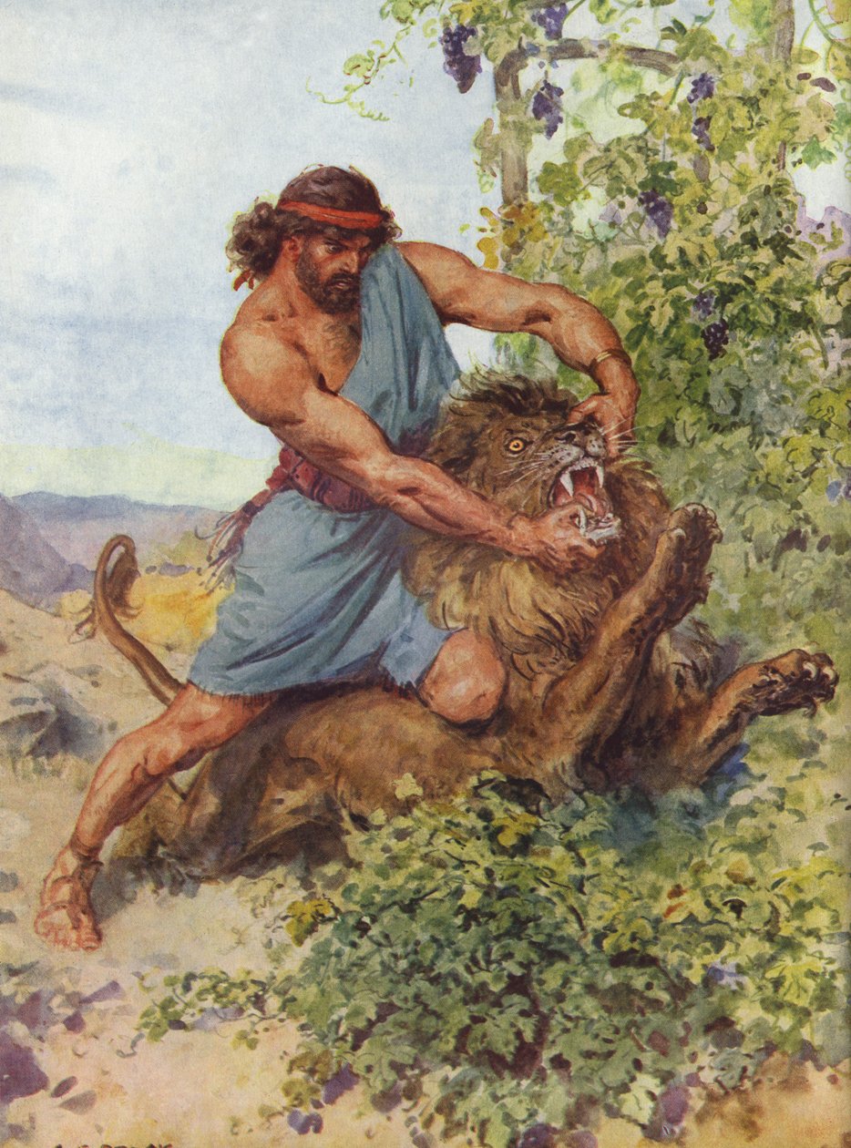 Samson grep løven og rev den i stykker av Charles Edmund Brock