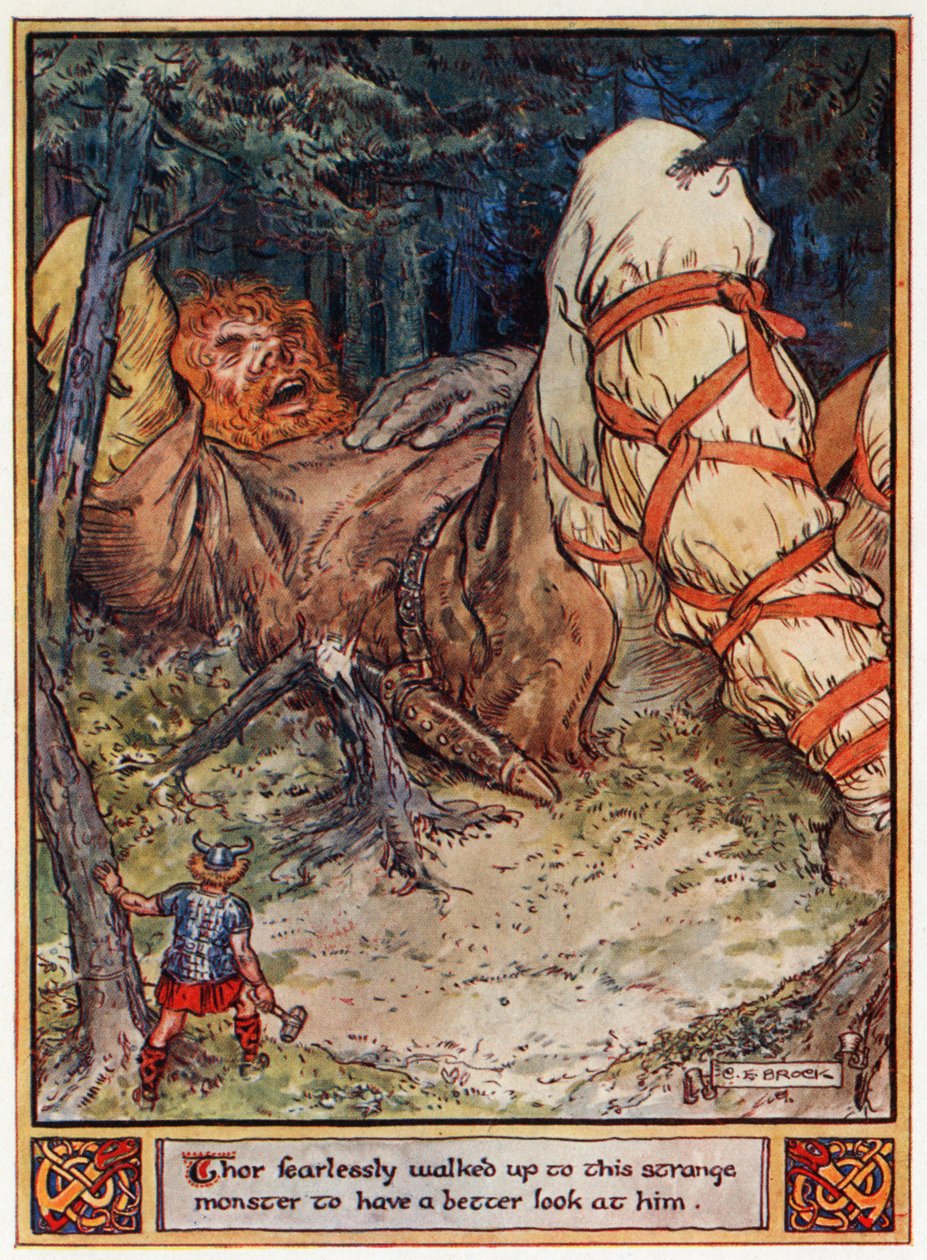 «Thor gikk fryktløst bort til dette merkelige monsteret for å se ham bedre», illustrasjon fra «The Heroes of Asgard, tales from Scandinavian Mythology», av A und E Keary, 1930 av Charles Edmund Brock