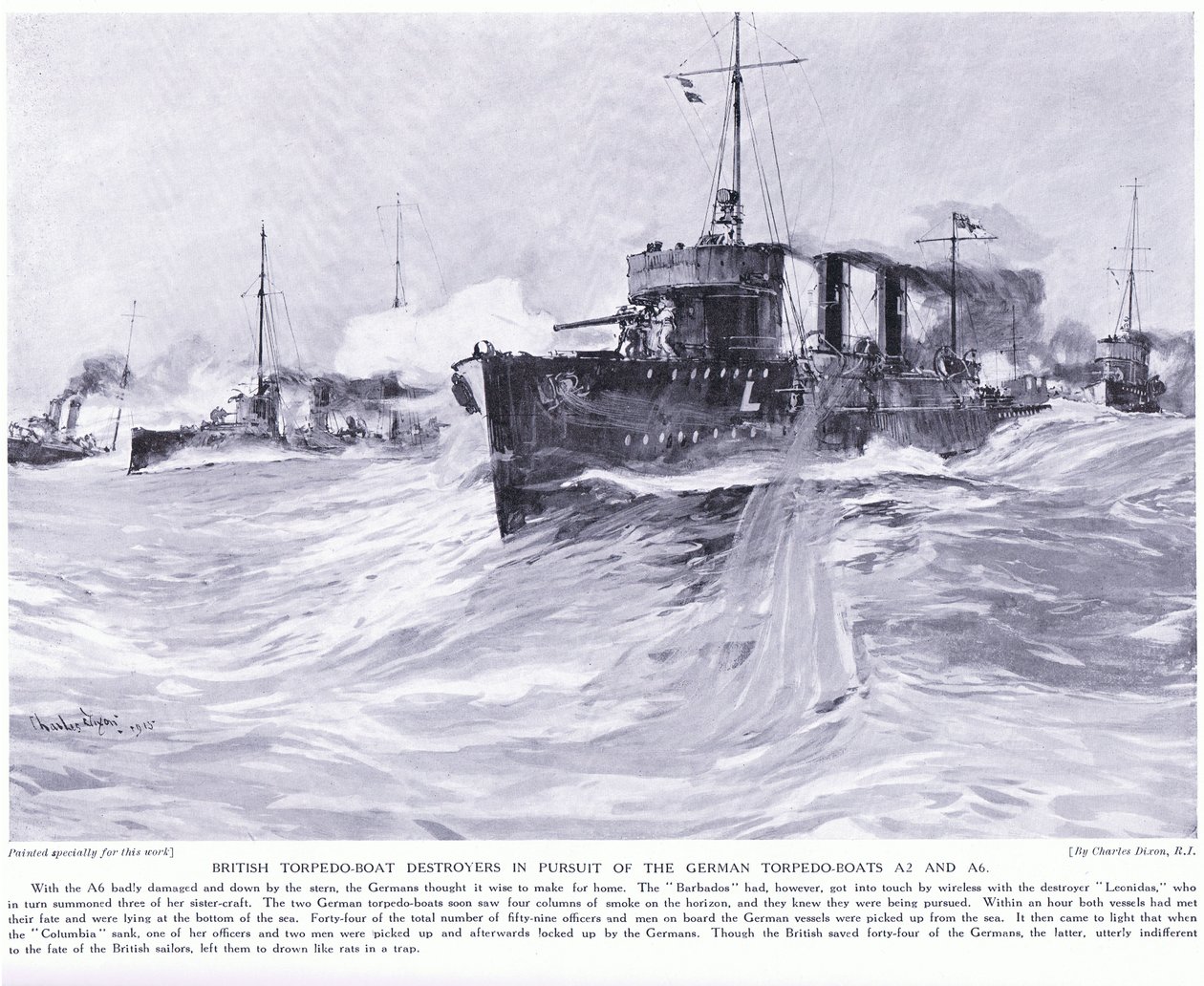 Britiske torpedobåtødeleggere i jakten på de tyske torpedobåtene A2 og A6 november 1914 av Charles Edward Dixon