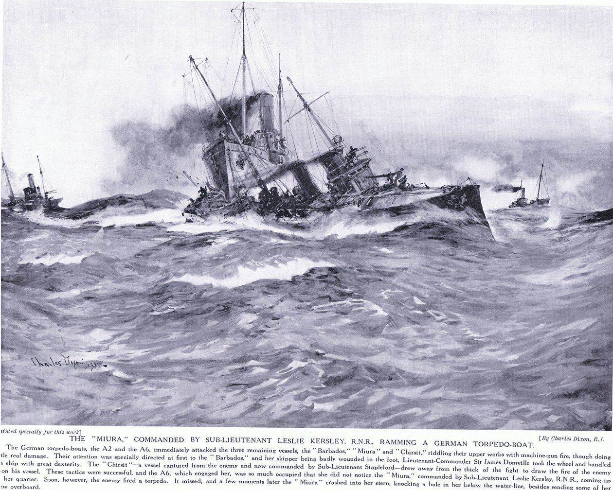 Th Miura kommandert av underløytnant Lesley Kelsey RNR som ramlet en tysk torpedobåt, oktober 1914 av Charles Edward Dixon