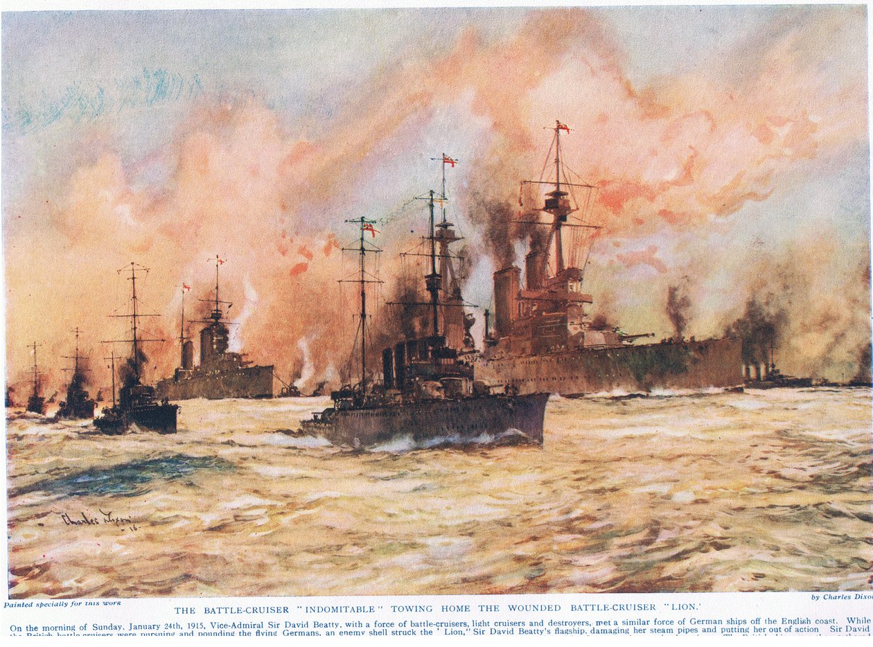 Battle-Cruiser 'Indomitable' tauer hjem den sårede Battle-Cruiser 'Lion', illustrasjon fra 'Deeds That Thrill The Empire', utgitt av Hutchinson und Co., ca.1920 av Charles Edward Dixon