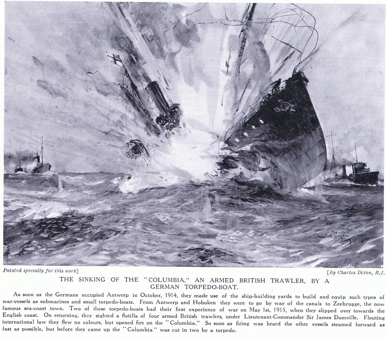 Senkingen av Columbia en væpnet britisk tråler av en tysk torpedobåt på engelsk kystlinje oktober 1914 av Charles Edward Dixon