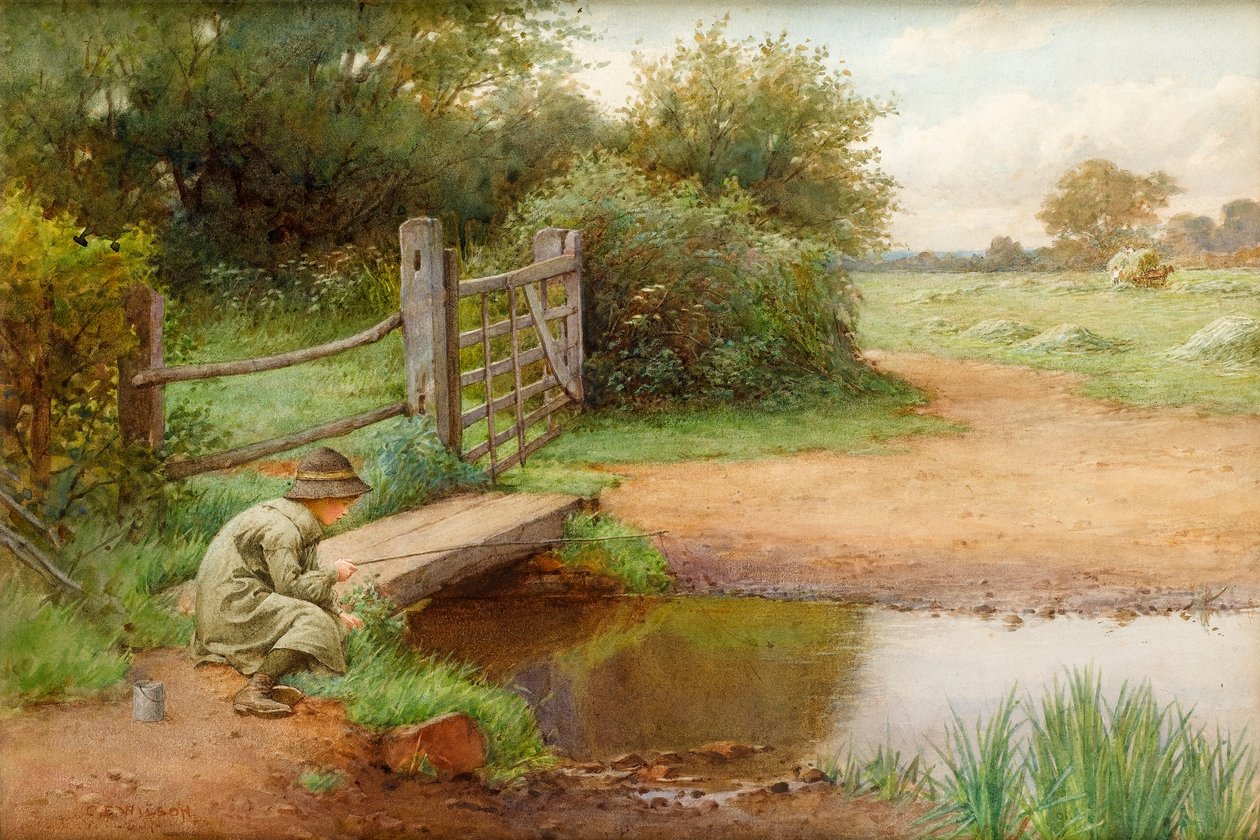 Prøver lykken, fiske i bekken (wc på papir) av Charles Edward Wilson
