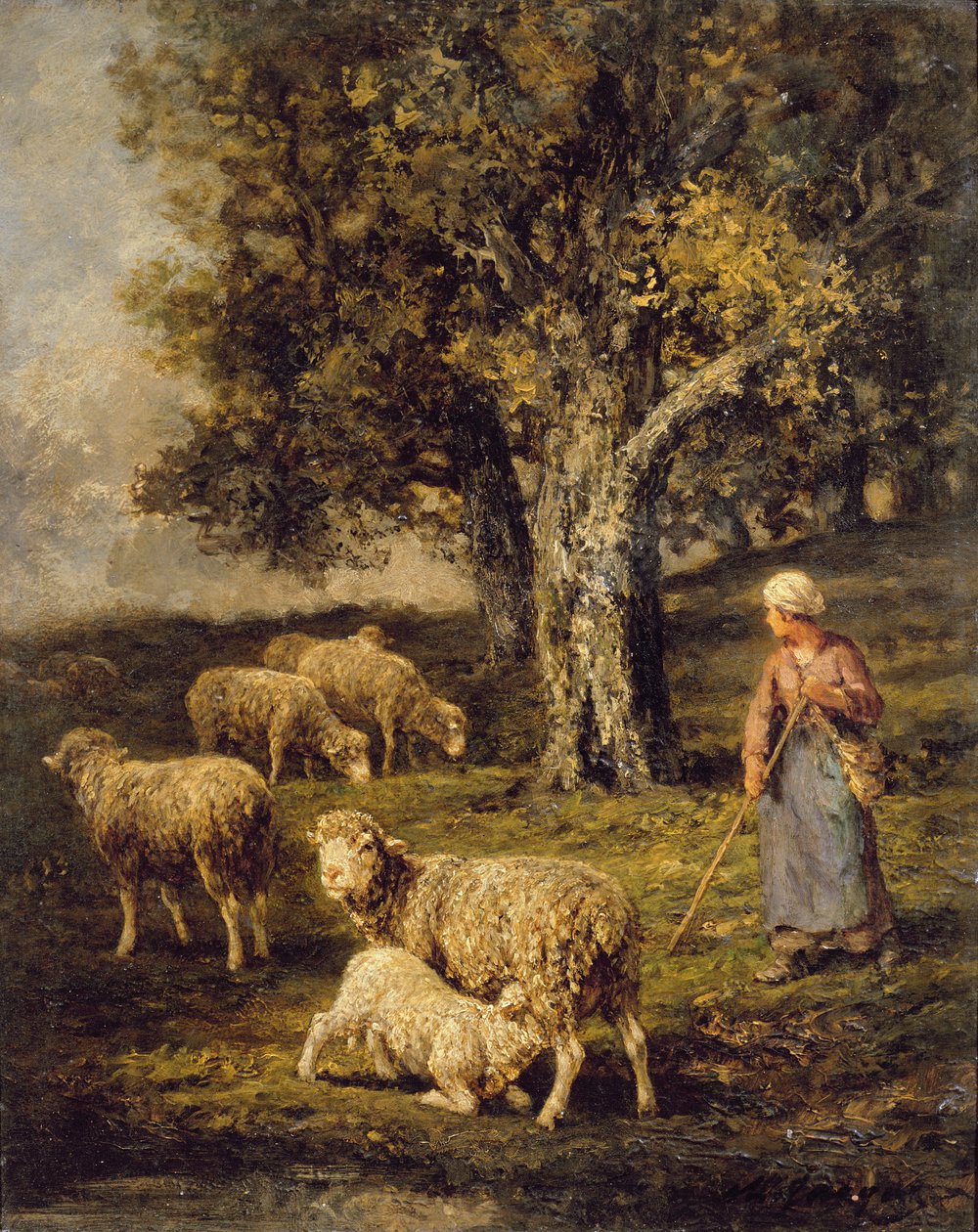 En gjeterinne og sau i et Barbizon-landskap av Charles Emile Jacque