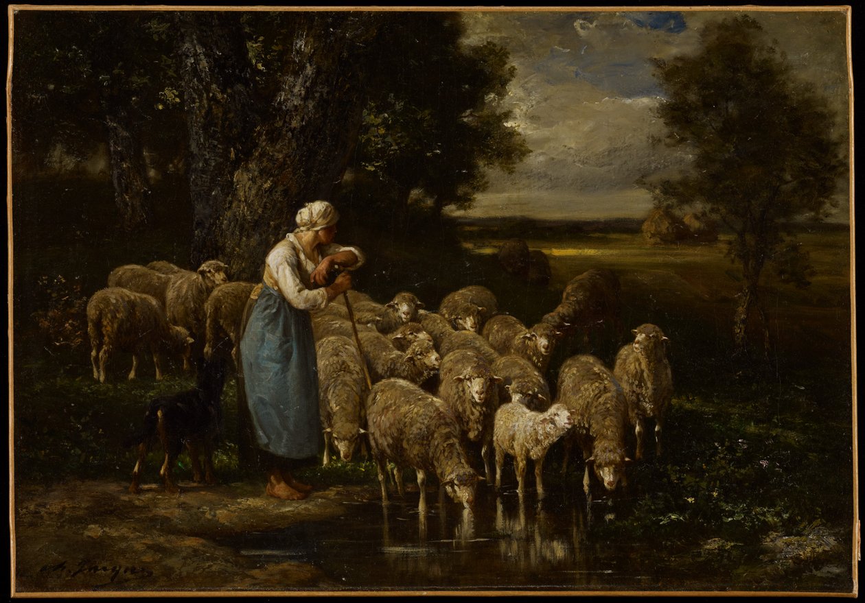Gjeterinne og sauer, Fontainebleau av Charles Emile Jacque