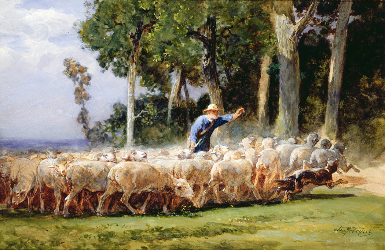 En hyrde med en saueflokk (wc på papir) av Charles Emile Jacques