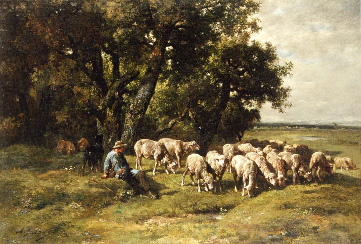 En hyrde og flokken hans olje på lerret av Charles Emile Jacques