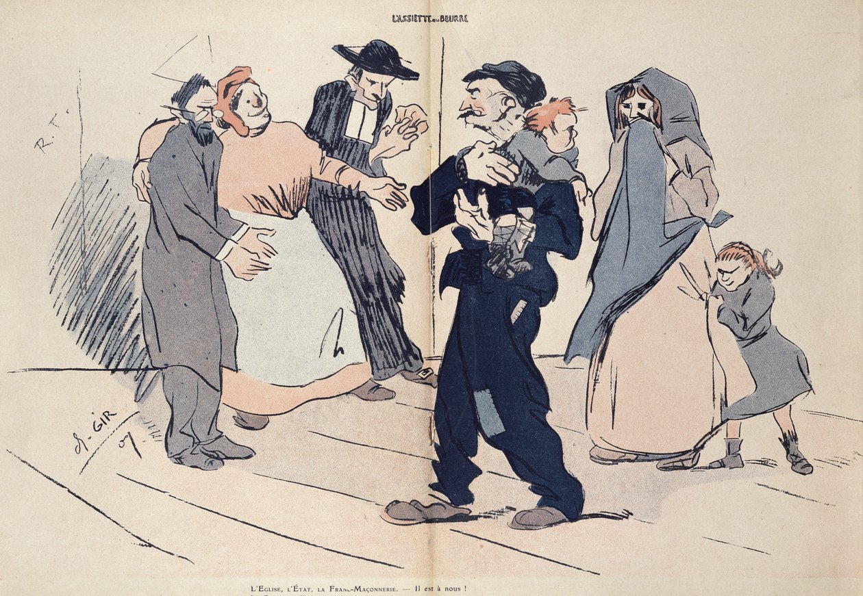 Kamp for et barn mellom barnets familie og kirken, staten og frimurerne, karikatur fra 'L'Assiette au Beurre', 1907 av Charles Felix Gir