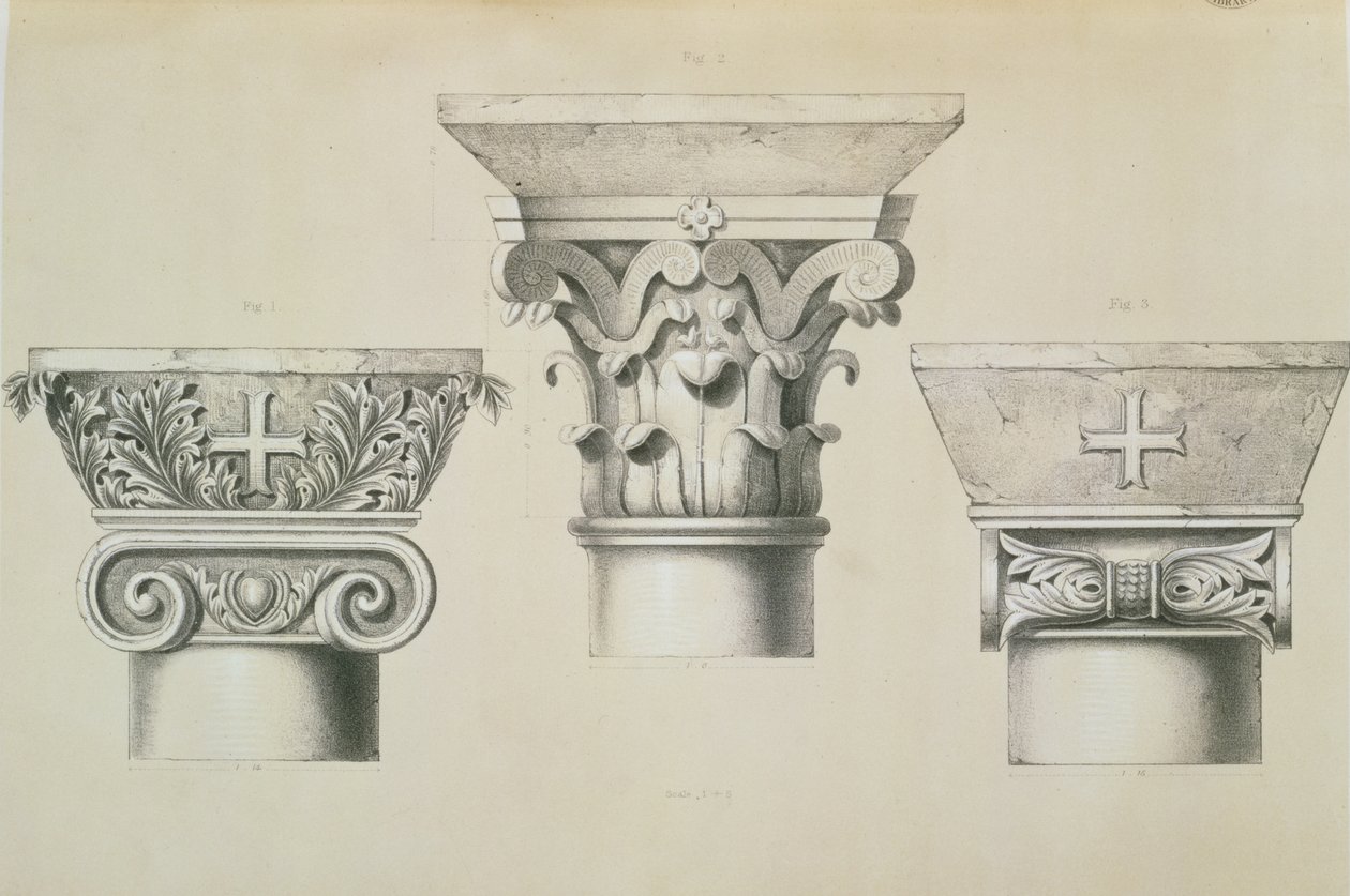 Bysantinske hovedsteder fra søyler i kirkeskipet til St. Demetrius-kirken i Thessalonica, pub. av Day og Son av Charles Felix Marie Texier