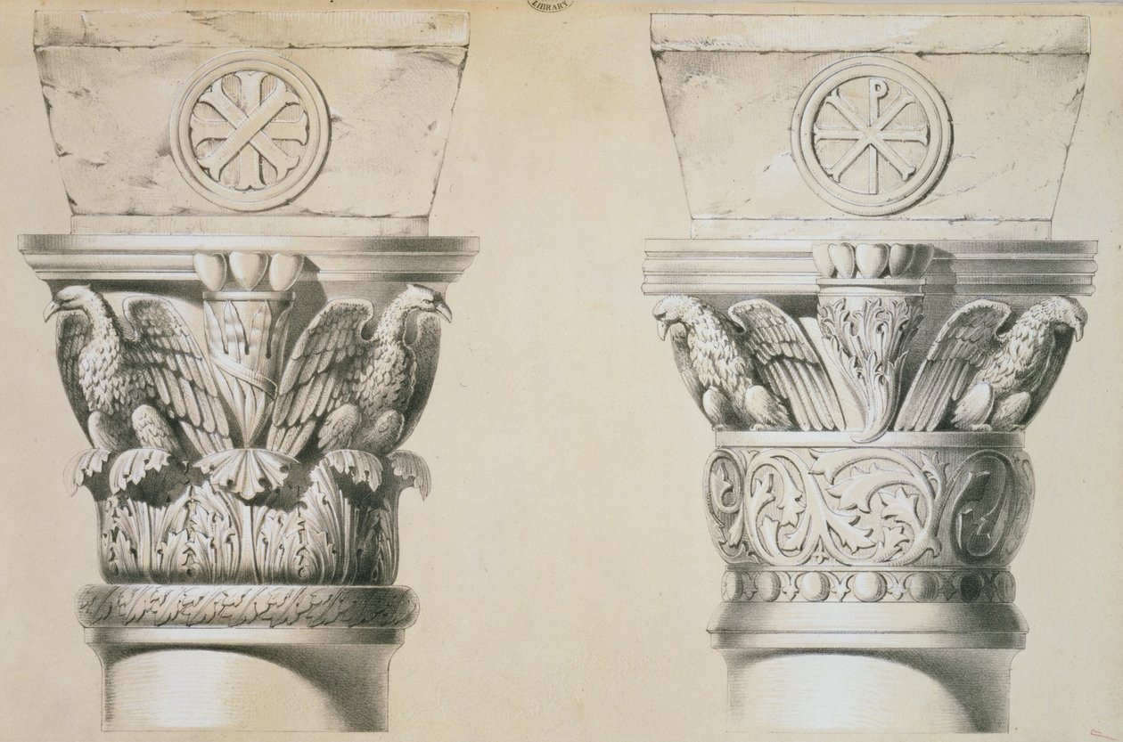 Bysantinske hovedsteder fra søyler i kirkeskipet til St. Demetrius-kirken i Thessalonica, pub. av Day og Son av Charles Felix Marie Texier