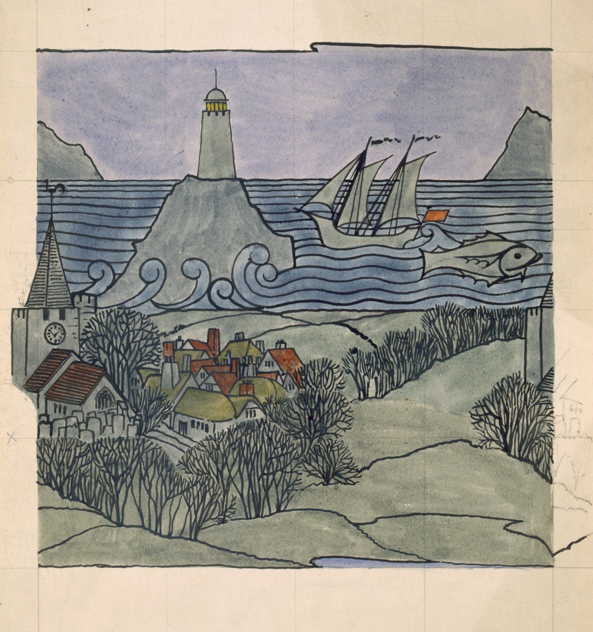 Fyr, skip og landsby (wc og blyant på papir) av Charles Francis Annesley Voysey