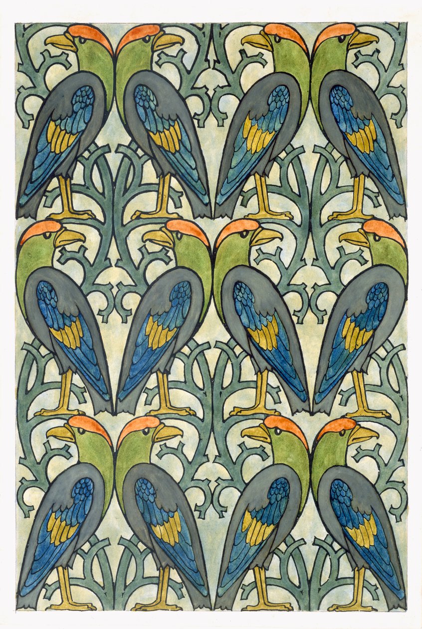 Papegøyedesign (wc og blyant på papir) av Charles Francis Annesley Voysey