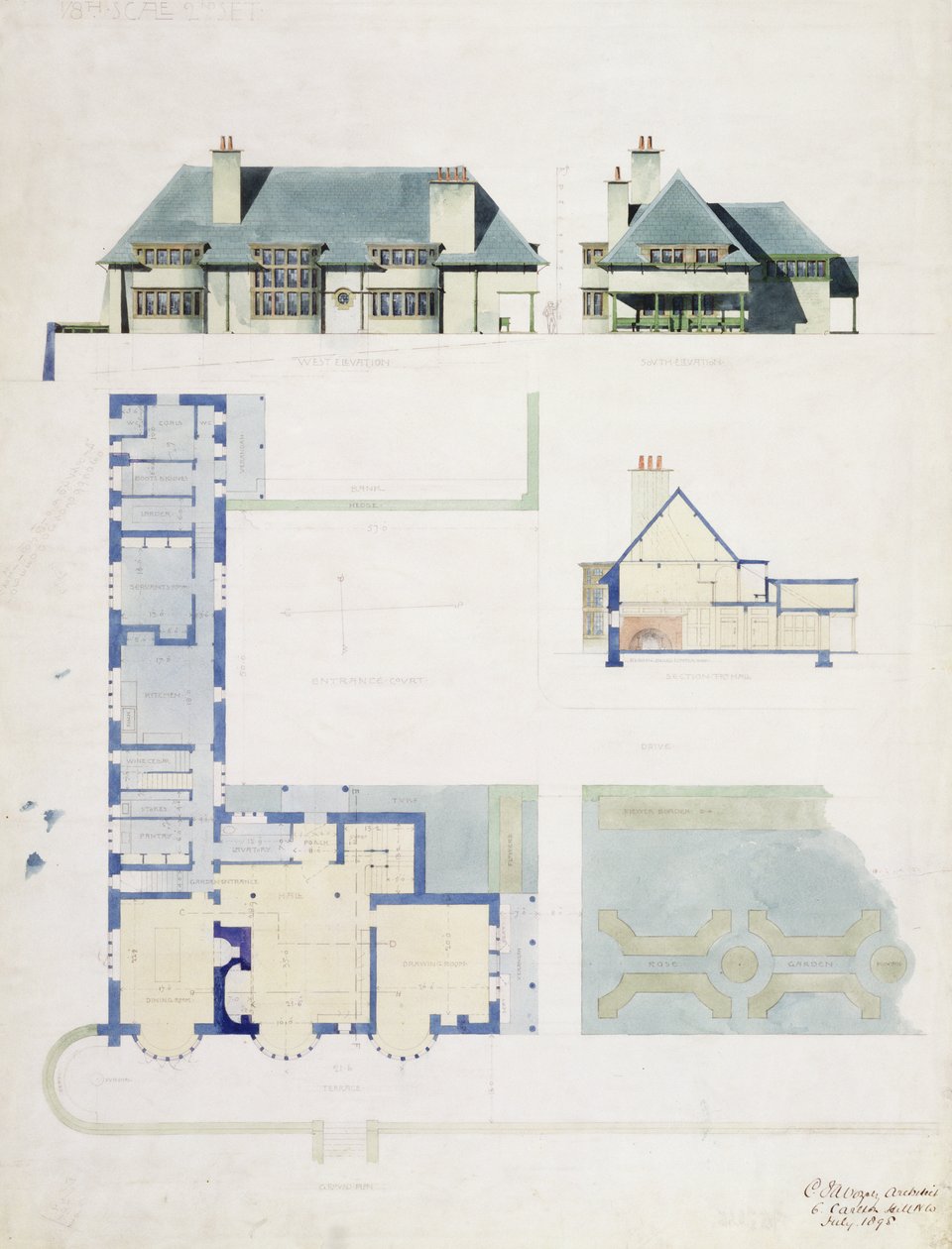Foreslått design for Broad Leys, Windermere, for Arthur Currer Briggs Esq., 1898, (wc og blyant på papir) av Charles Francis Annesley Voysey