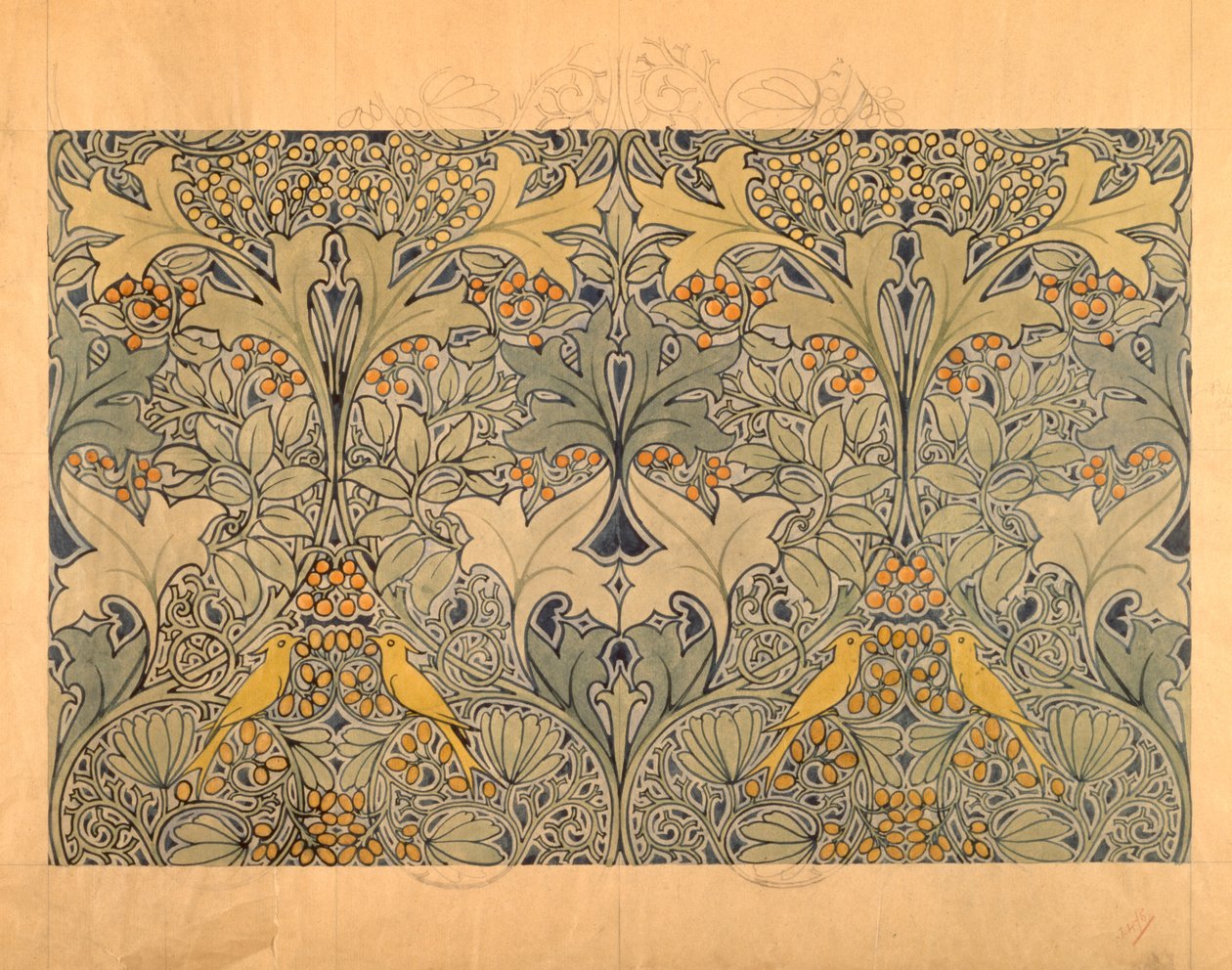 Tekstildesign med fugler, bær og løvverk (wc og blyant på papir) av Charles Francis Annesley Voysey