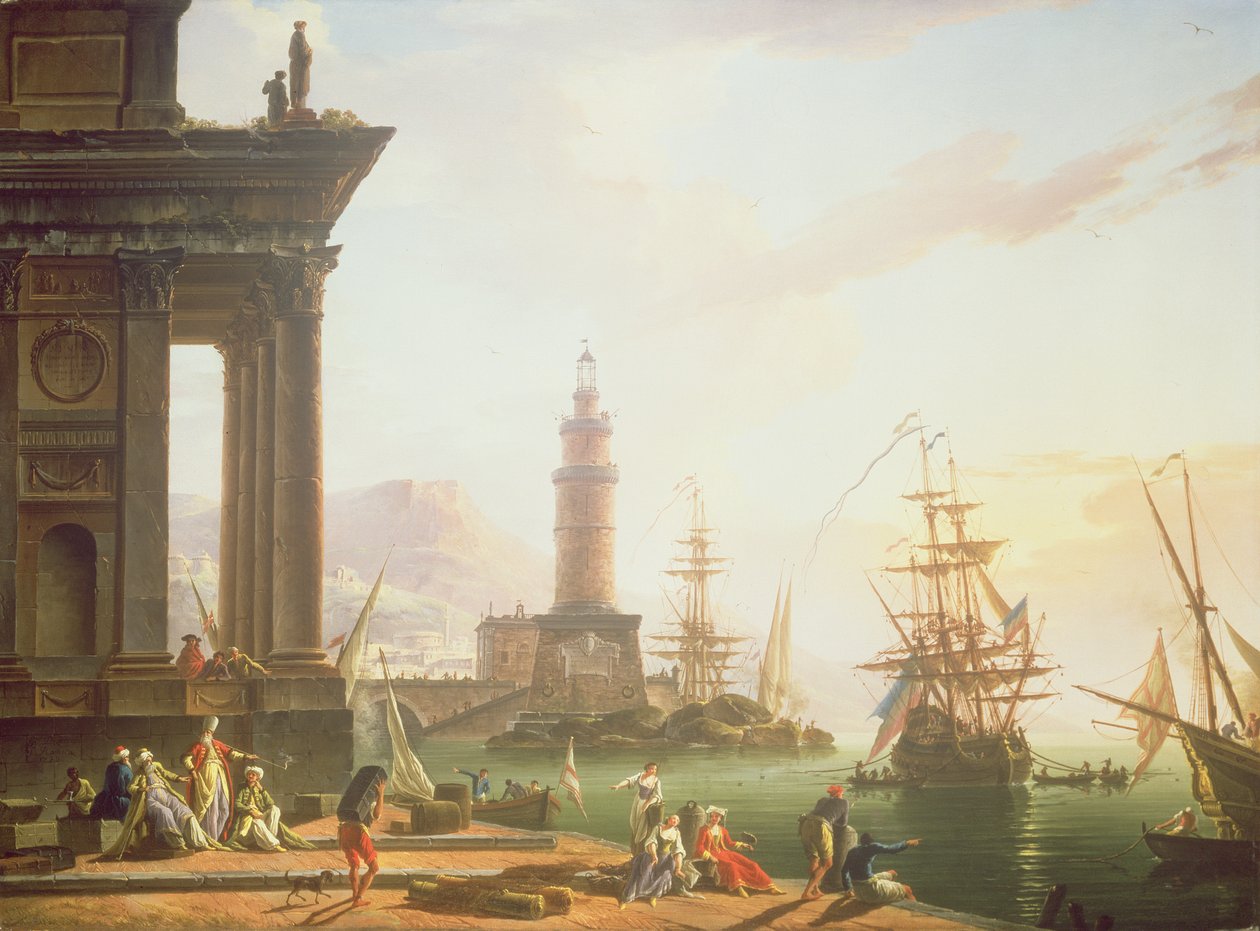 En havnescene i Middelhavet, 1752 av Charles Francois Lacroix de Marseille