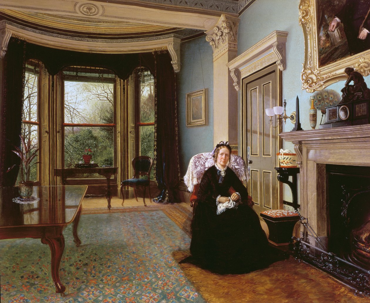 Viktoriansk interiør med sittende dame av Charles Frederick Lowcock