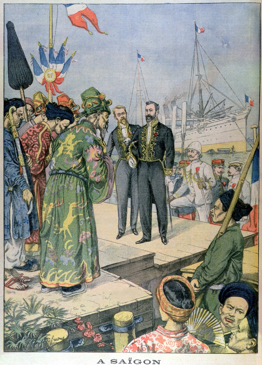 Ankomst til Saigon av Paul Beau (1857-1927), generalguvernør i Indo-Kina 1902-07, fra 'Le Petit Journal', november 1902 (fargegravering) av Charles Georges Dufresne