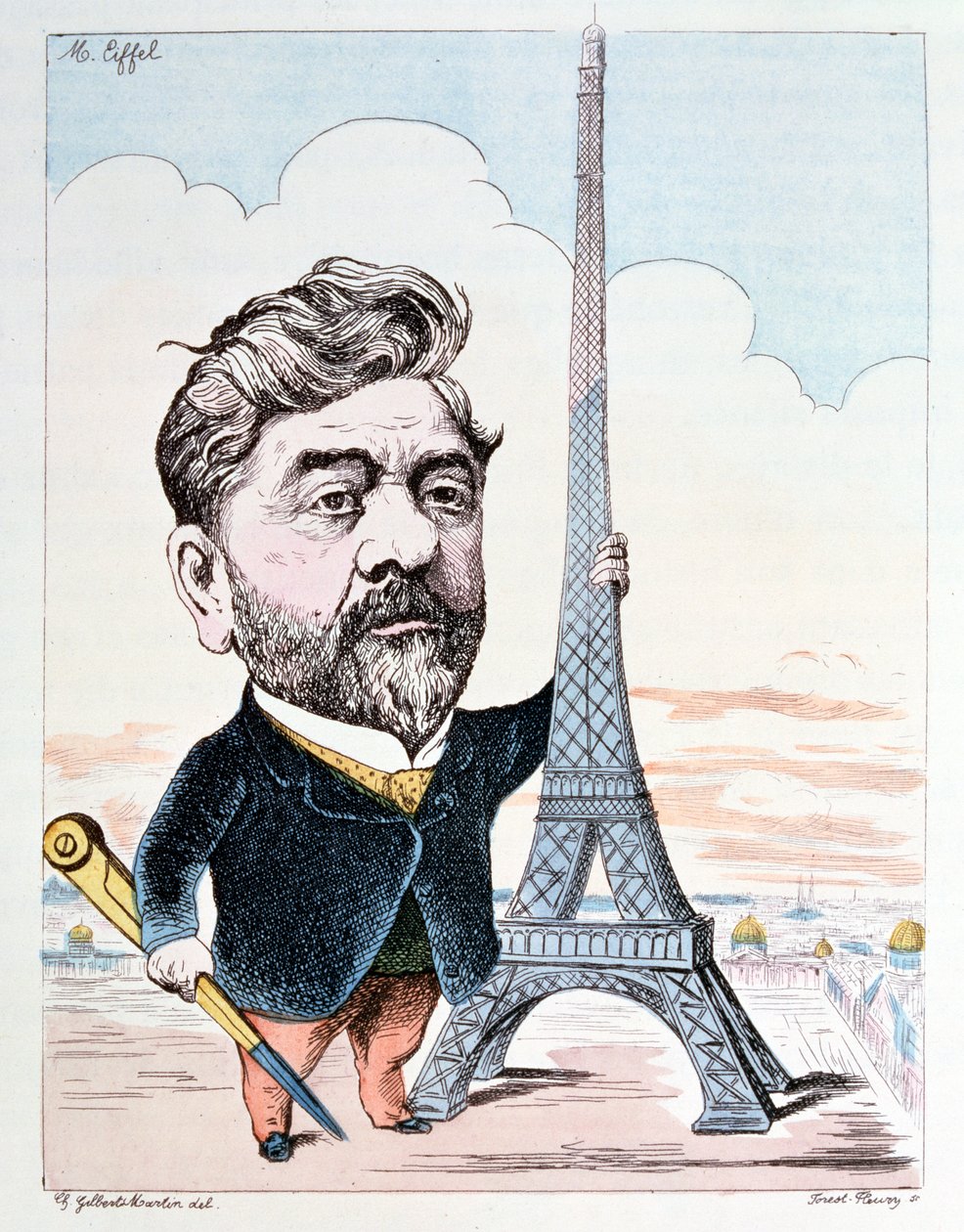 Gustave Eiffel (1832-1923) med sin mest kjente konstruksjon, Eiffeltårnet, gravert av Forest Fleury av Charles Gilbert Martin